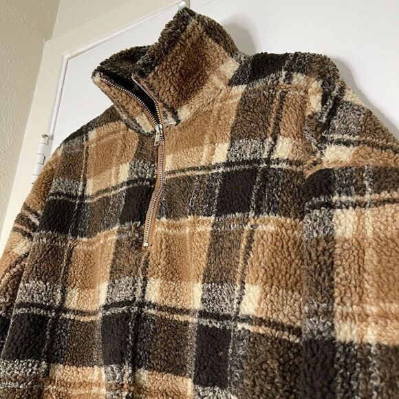 New! Zaful Brown plaid fuzzy pullover cropped teddy sweater size large - Picture 7 of 7